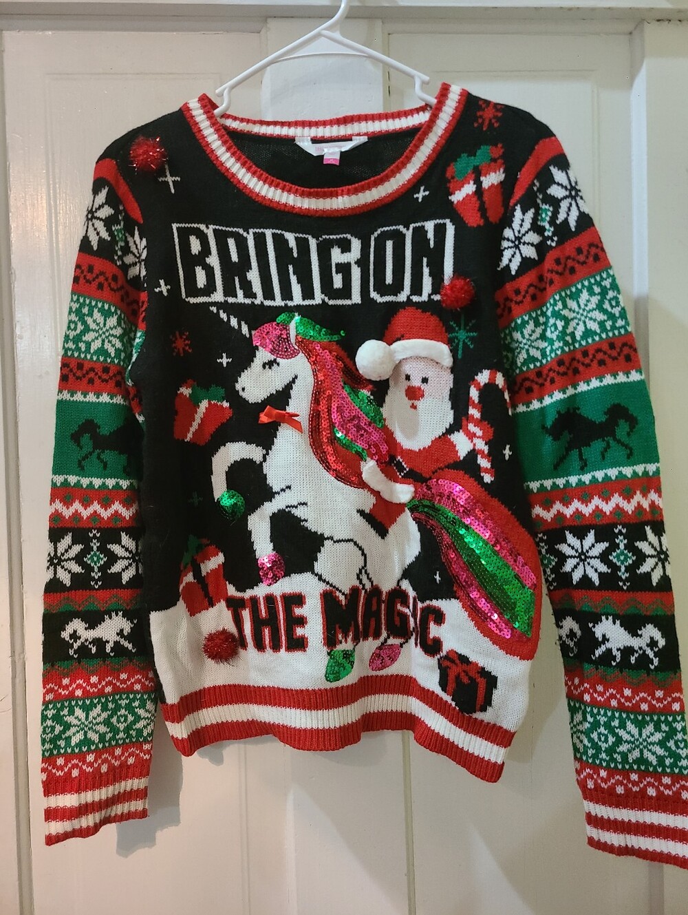 Women's junior medium ugly Christmas sweater Santa on unicorn Bring on the Magic